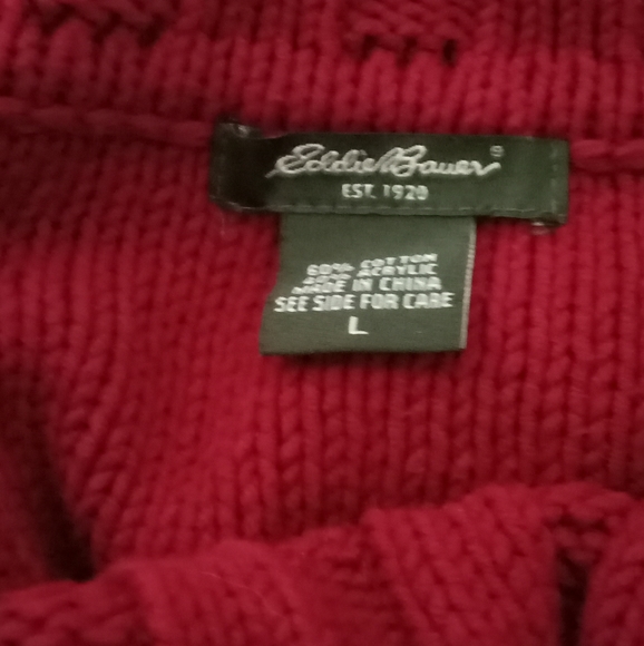 Eddie Bauer Cowl Neck Bullion Cable Red Cotton Oversized Sweater - Size: L - Picture 4 of 8